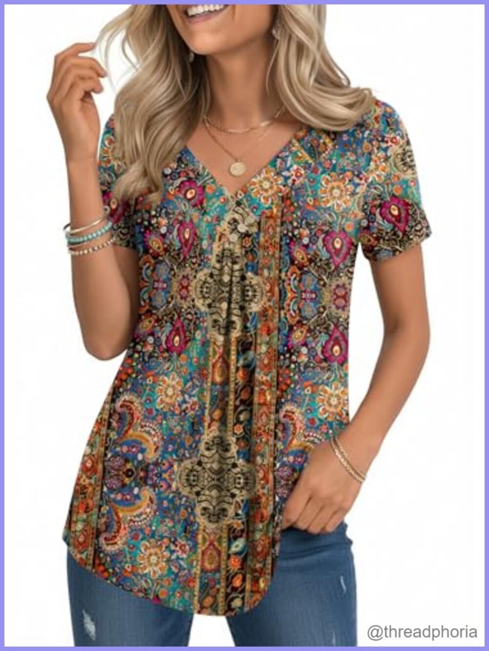 Zeagoo Womens V-Neck Short Sleeve Blouse Pleated Tunic Top Casual